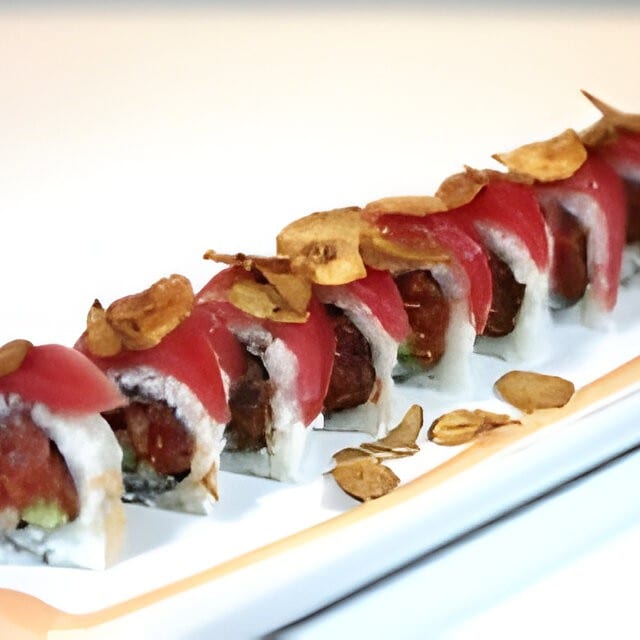 Garlic Chip on Tuna Roll.