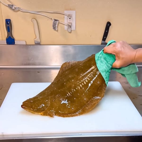 A chef's hand with a green cloth wiping a fresh, whole flounder on a white cutting board.
