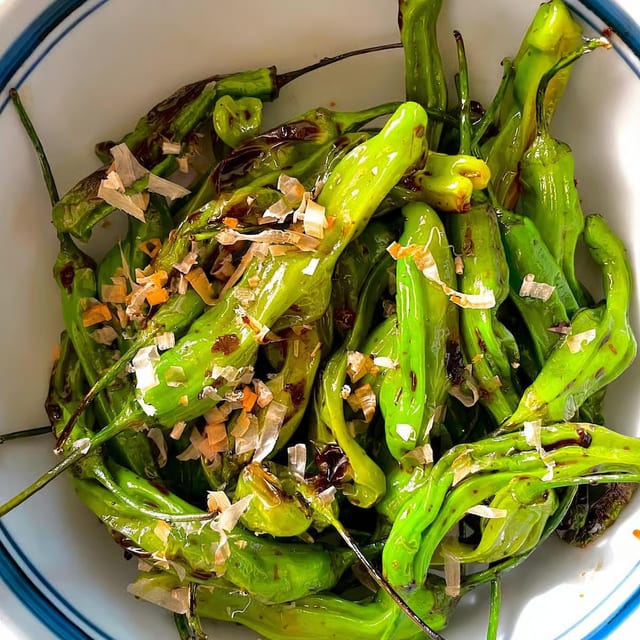 Shishito Pepper with Bonito Flakes.