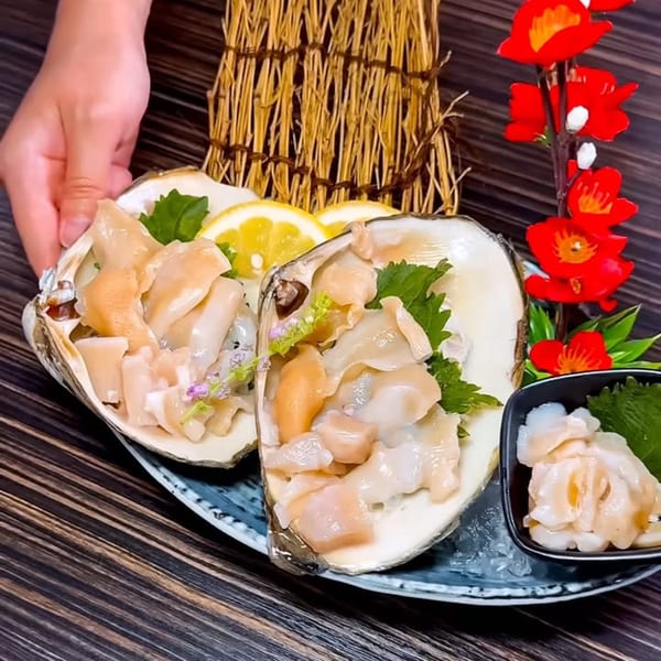 A hand presents two clam shells filled with fresh clam sashimi, garnished with lemon and herbs.